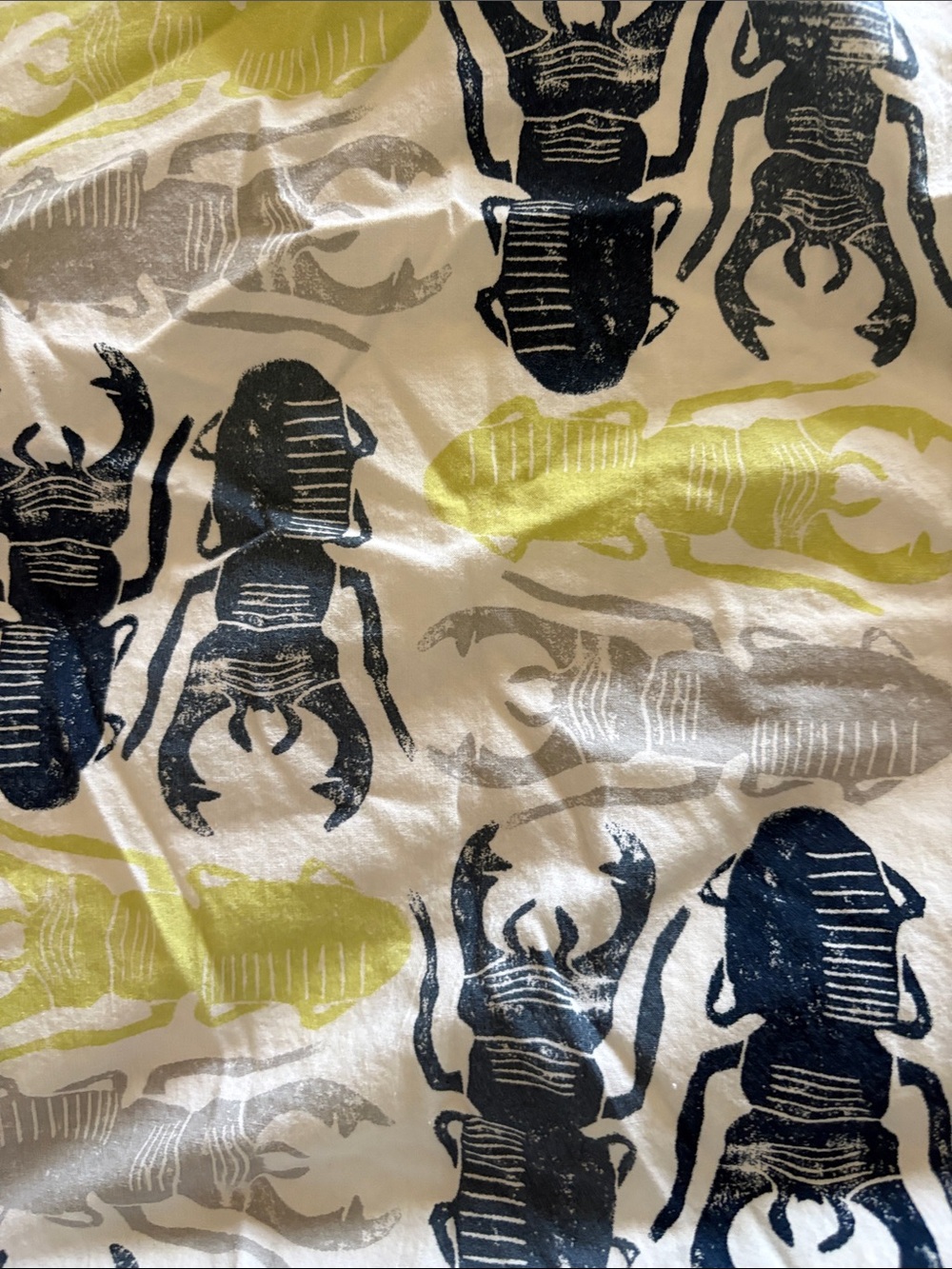 Pottery Barn Kids Beetle Print sheet set in Navy, Lime & Gray